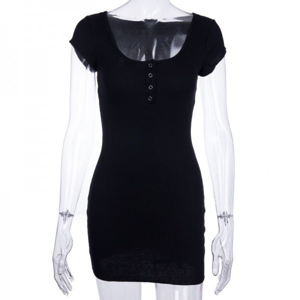 Cross border new button short sleeve hip skirt 80066 European and American new sexy women's short sleeve dress hair