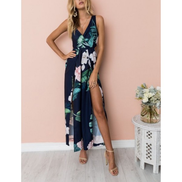 Cross border wish2018 Amazon European and American long skirt women's popular sexy V-neck split dress in stock