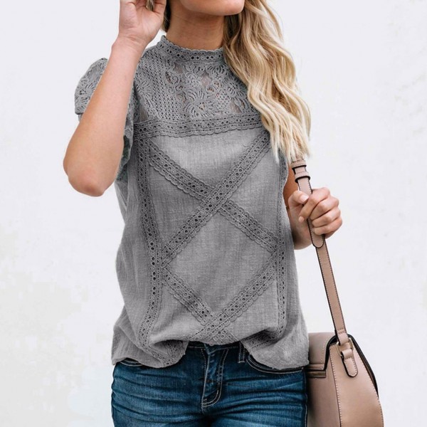 European and American clothing summer lace T-shirt summer short sleeve geometric stitching lace top 