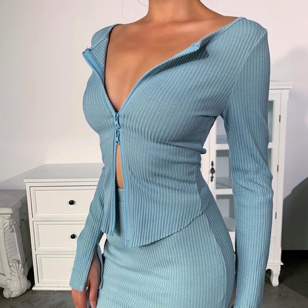 European and American new sexy zipper cardigan 93338 foreign trade cross border temperament slim long sleeve top autumn women's wear