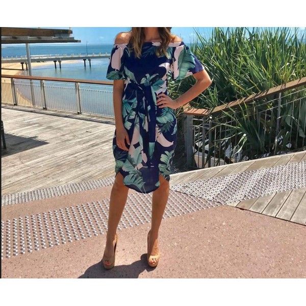 2018 Amazon eBay European and American women's Beach skirt one shoulder tree leaf print split dress 