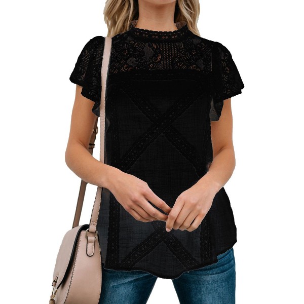 European and American clothing summer lace T-shirt summer short sleeve geometric stitching lace top 