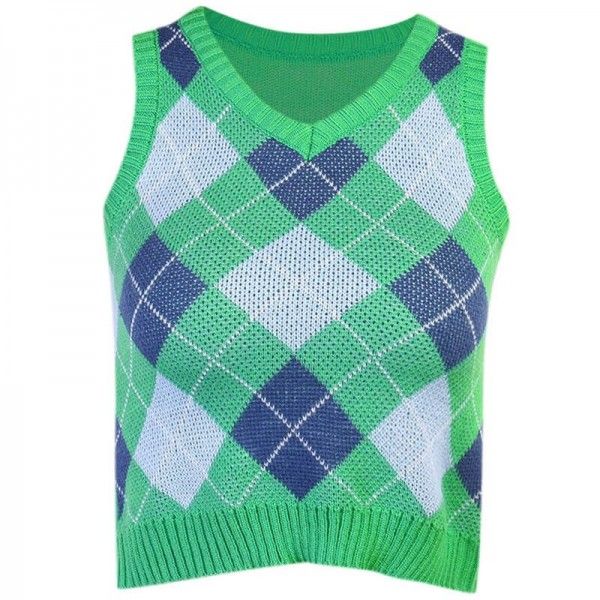23424p contrast line diamond lattice V-neck three tank top Y2K fashion trend navel revealing Sexy Sports sweater 