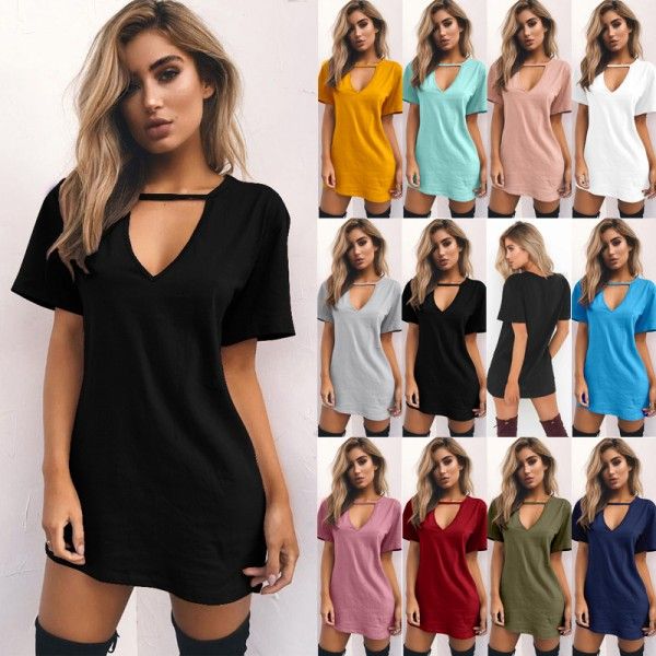 Ebaywish summer hit solid loose short sleeve deep ...