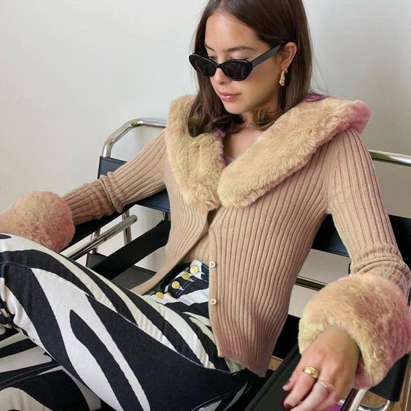 European and American foreign trade in autumn and winter 2020 new long sleeve top 23413p sexy wool collar knitted coat female 