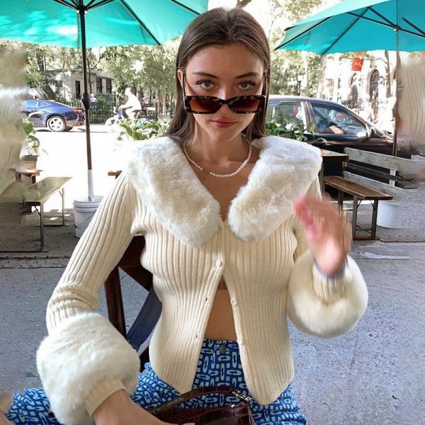 European and American foreign trade in autumn and winter 2020 new long sleeve top 23413p sexy wool collar knitted coat female 