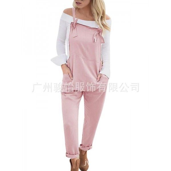 Europe and the United States in the summer of 2018 loose casual pocket belt pants women's large one-piece pants 