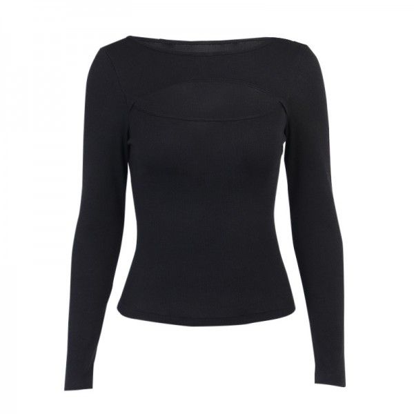 Sexy chest hollow out long sleeve rib top for women 20441p