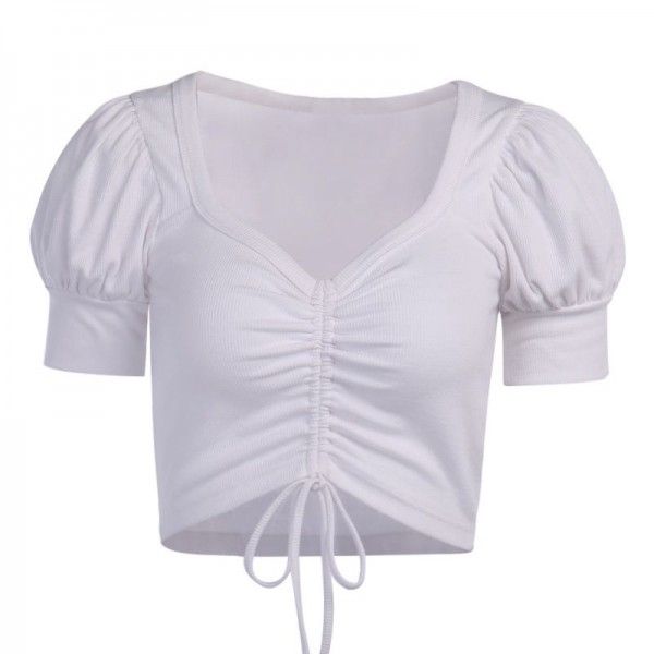 2020 European and American foreign trade new pleated short sleeve top women's 23071 cross border sexy navel top women's hair 