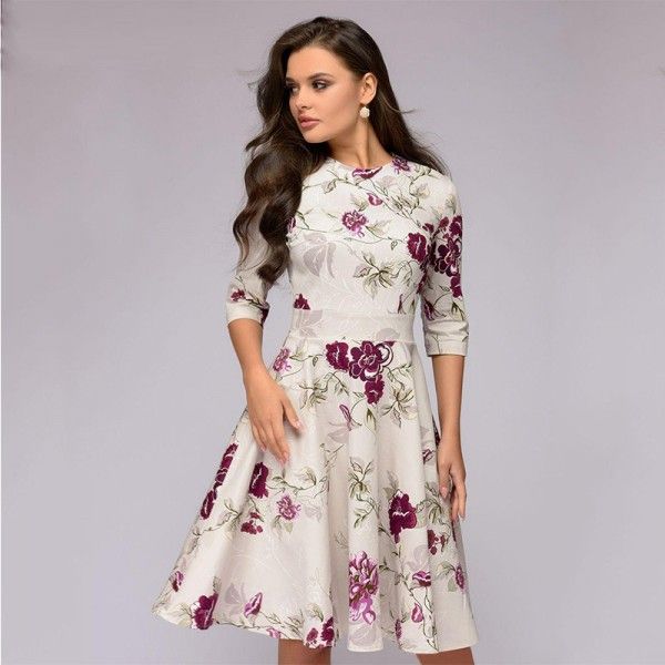 2018 spring and autumn women's dress retro banquet round neck Printed Dress Fashion A-line sexy casual dress 