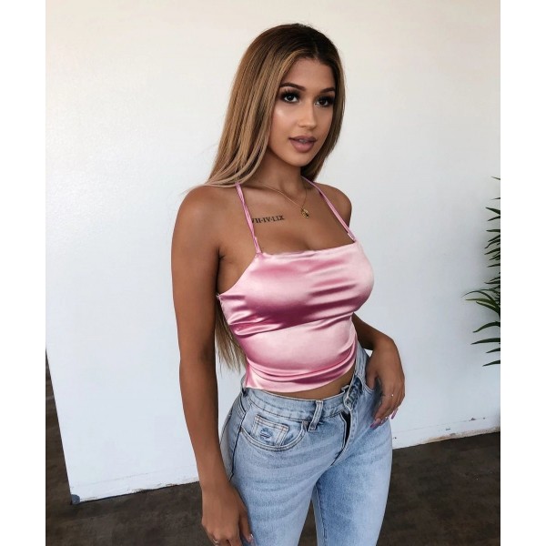 Europe and the United States summer new pure color women's sexy nightclub simulation silk suspender strap top bottom shirt