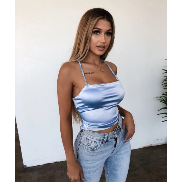 Europe and the United States summer new pure color women's sexy nightclub simulation silk suspender strap top bottom shirt