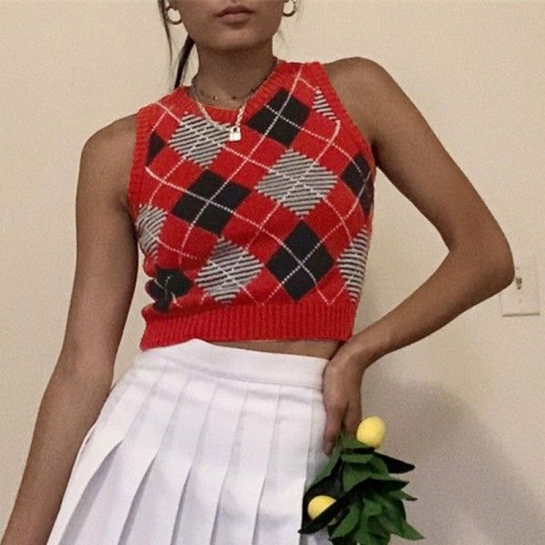 23424p contrast line diamond lattice V-neck three tank top Y2K fashion trend navel revealing Sexy Sports sweater 
