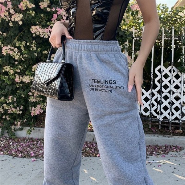 European and American foreign trade new pure color slim fit sports casual pants women's 23223p elastic waist letter printing pants women's