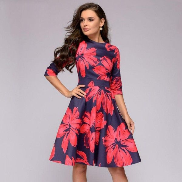 2018 spring and autumn women's dress retro banquet round neck Printed Dress Fashion A-line sexy casual dress 