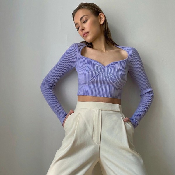 European and American fashion autumn new long sleeve slim top women's 23222p sexy peach heart V-Neck Sweater 