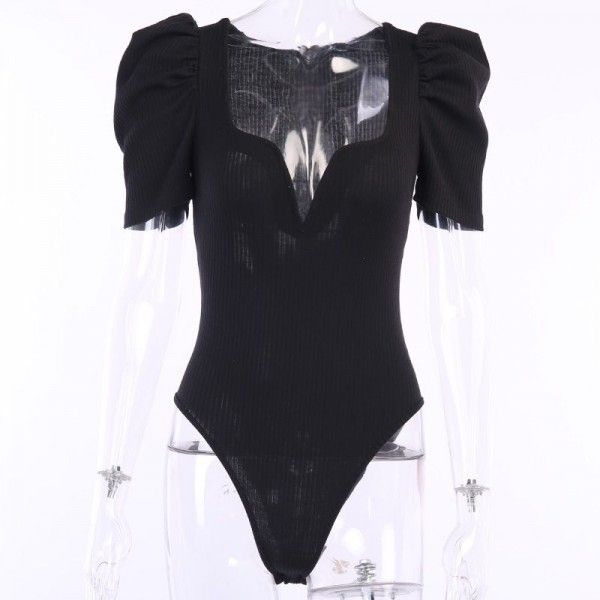 23028 European and American button one piece women's spring and summer 2020 foreign trade new pleated bubble sleeve cross border 