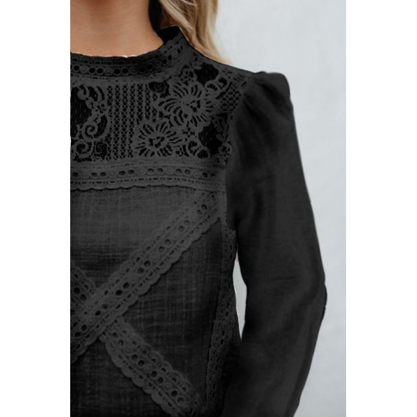 Sumaton 2018 European and American fashion lace autumn long sleeve geometric splicing top long sleeve women's top