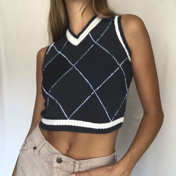 23424p contrast line diamond lattice V-neck three tank top Y2K fashion trend navel revealing Sexy Sports sweater 