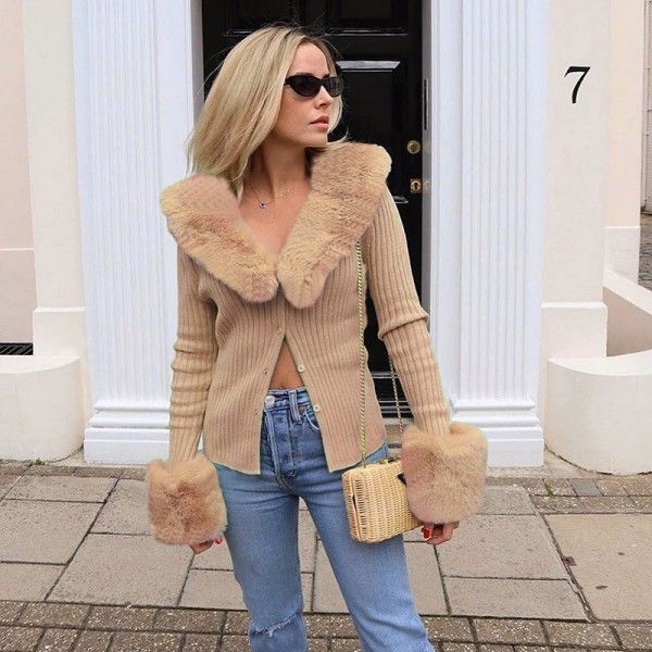 European and American foreign trade in autumn and winter 2020 new long sleeve top 23413p sexy wool collar knitted coat female 