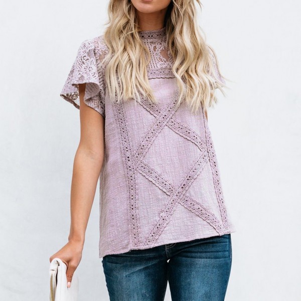 European and American clothing summer lace T-shirt summer short sleeve geometric stitching lace top 