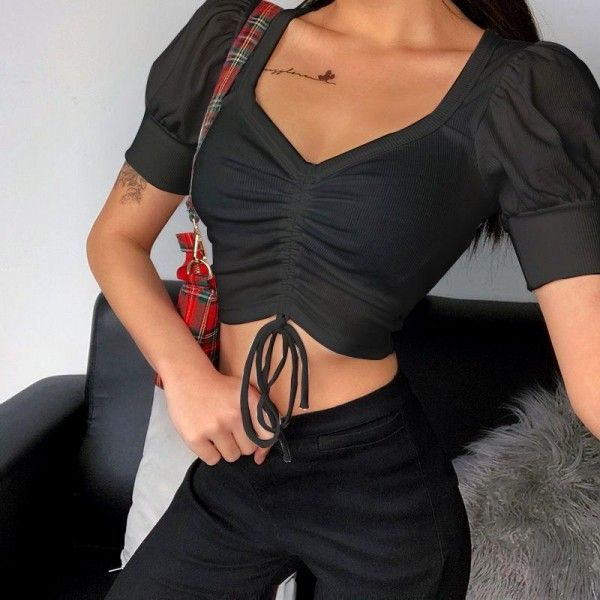 2020 European and American foreign trade new pleated short sleeve top women's 23071 cross border sexy navel top women's hair 