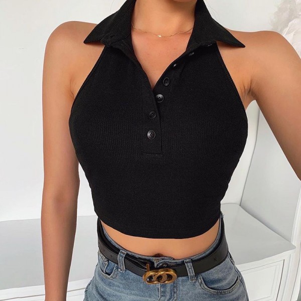 Cross border supply open back sleeveless vest women's 23119 foreign trade new cross border Lapel sexy button top