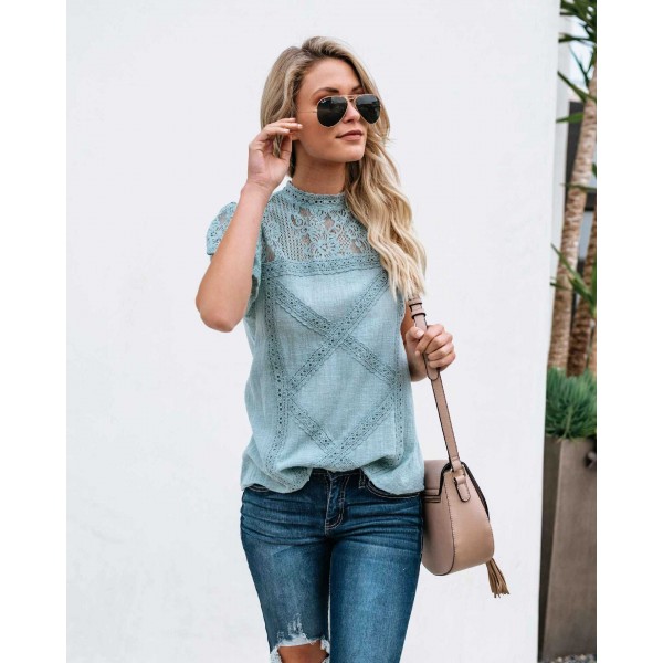 European and American clothing summer lace T-shirt summer short sleeve geometric stitching lace top 