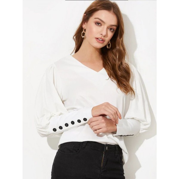 European and American new 2019 Amazon foreign trade shirt popular long sleeve straight breasted splicing V-neck T-shirt