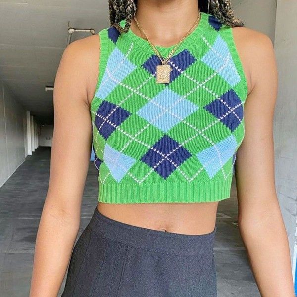 23424p contrast line diamond lattice V-neck three tank top Y2K fashion trend navel revealing Sexy Sports sweater 