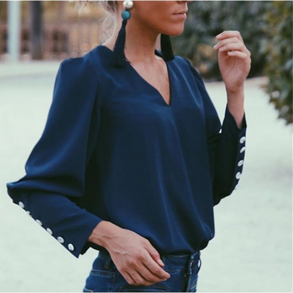 European and American new 2019 Amazon foreign trade shirt popular long sleeve straight breasted splicing V-neck T-shirt