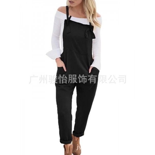 Europe and the United States in the summer of 2018 loose casual pocket belt pants women's large one-piece pants 