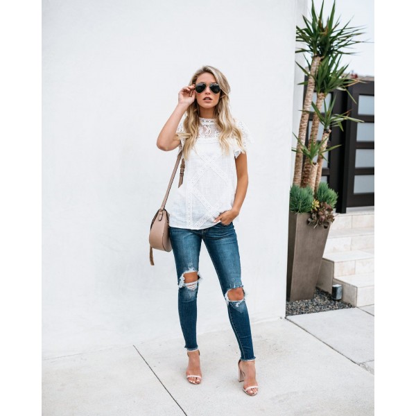 European and American clothing summer lace T-shirt summer short sleeve geometric stitching lace top 
