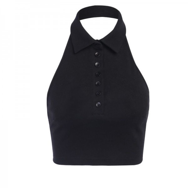 Cross border supply open back sleeveless vest women's 23119 foreign trade new cross border Lapel sexy button top