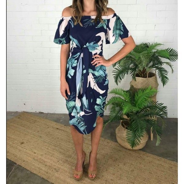 2018 Amazon eBay European and American women's Beach skirt one shoulder tree leaf print split dress 