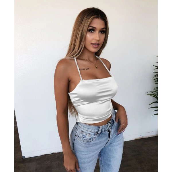 Europe and the United States summer new pure color women's sexy nightclub simulation silk suspender strap top bottom shirt