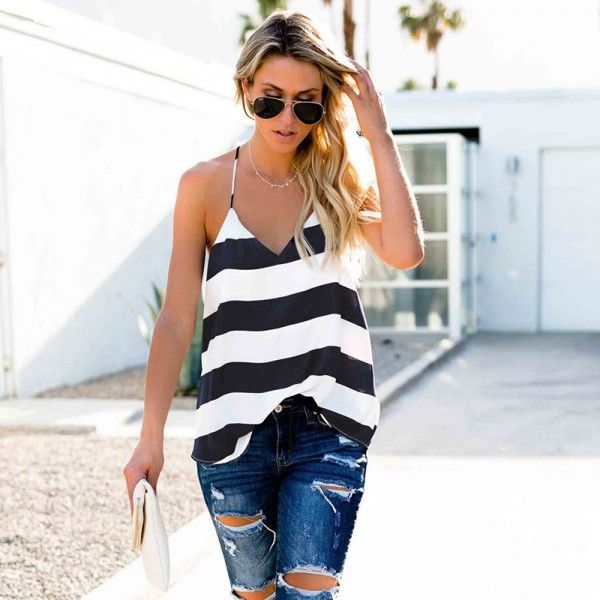 2019wish hot summer fashion V-neck versatile open back striped Halter Top 