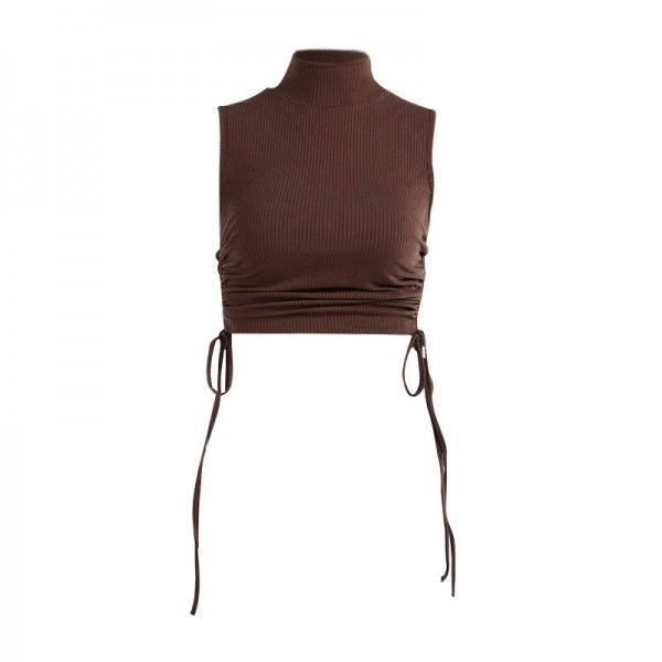 Europe and the United States 2020 foreign trade fashion new mini vest 28473p slim solid color round neck drawstring short vest for women