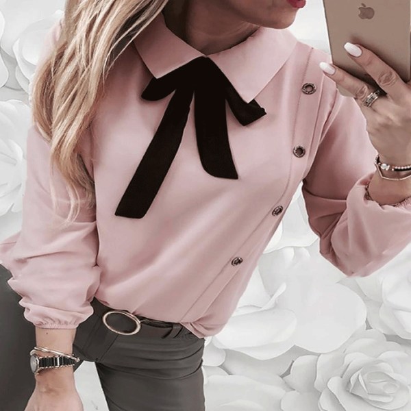 Amazon 2019 foreign trade new style celebrity style neckline color matching bow tie temperament shirt top women's wear 
