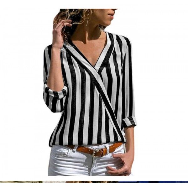 New fall 2018 eBay Amazon European and American women's long sleeve V-neck stripe women's Shirt Top 