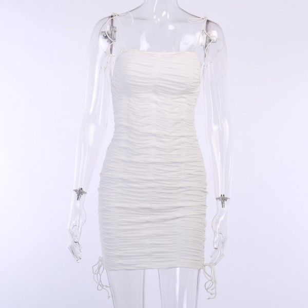 2020 foreign trade new drawstring Pleated Dress women's 23056 spring show chest sexy slim versatile hip skirt 