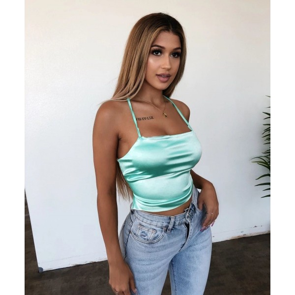 Europe and the United States summer new pure color women's sexy nightclub simulation silk suspender strap top bottom shirt