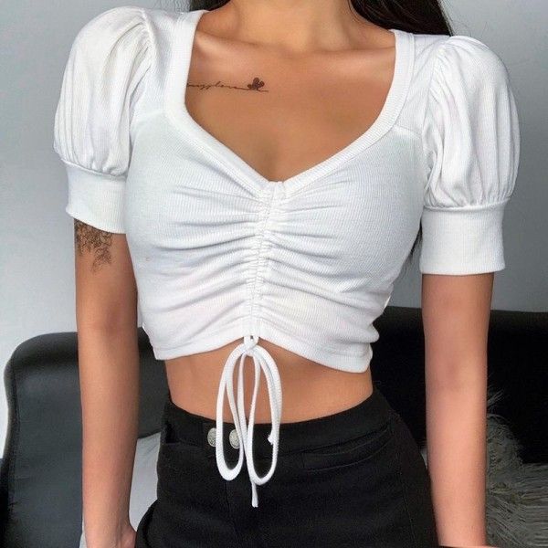 2020 European and American foreign trade new pleated short sleeve top women's 23071 cross border sexy navel top women's hair 