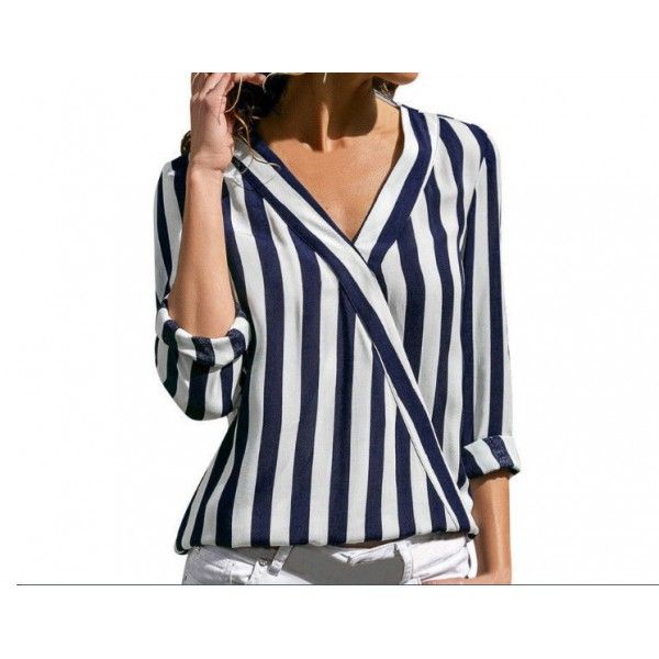 New fall 2018 eBay Amazon European and American women's long sleeve V-neck stripe women's Shirt Top 