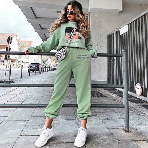 European and American foreign trade new pure color slim fit sports casual pants women's 23223p elastic waist letter printing pants women's
