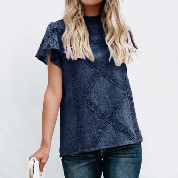 European and American clothing summer lace T-shirt summer short sleeve geometric stitching lace top 