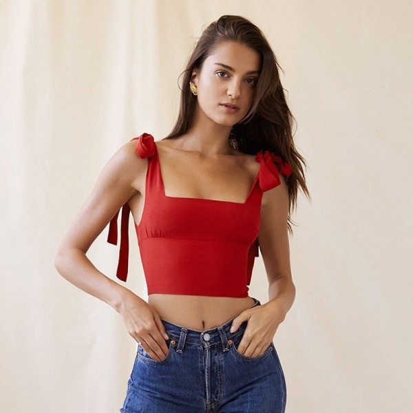 European and American foreign trade fashion autumn new solid color vest 93179 straight Gonny lace up square collar slim back