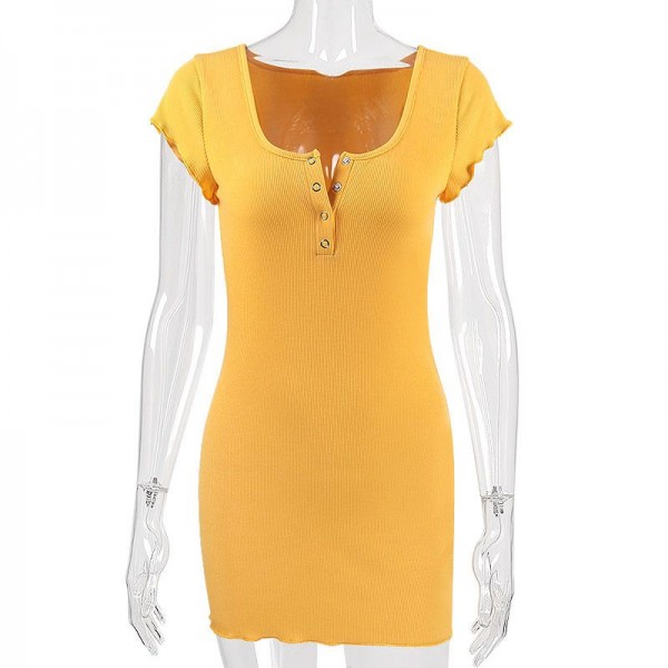 Cross border new button short sleeve hip skirt 80066 European and American new sexy women's short sleeve dress hair