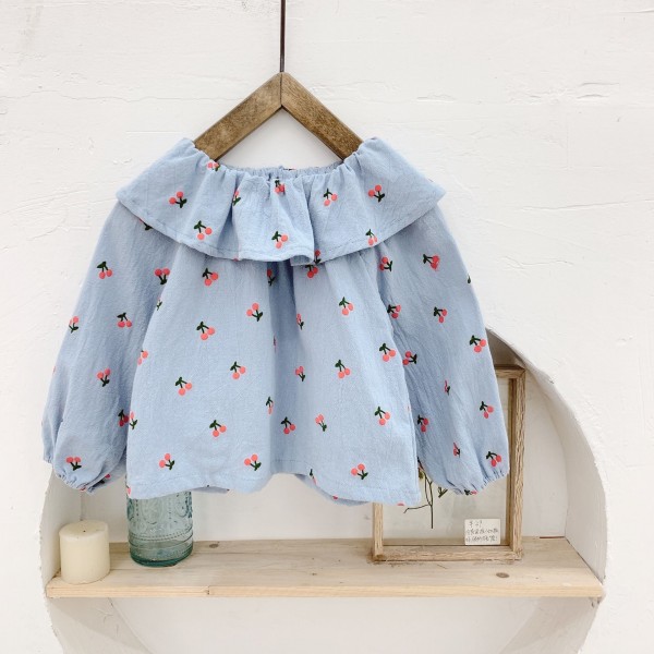 2020 autumn children's new girls' Autumn cherry print big Lapel shirt 19024