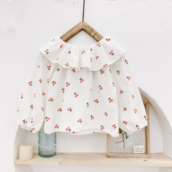 2020 autumn children's new girls' Autumn cherry print big Lapel shirt 19024
